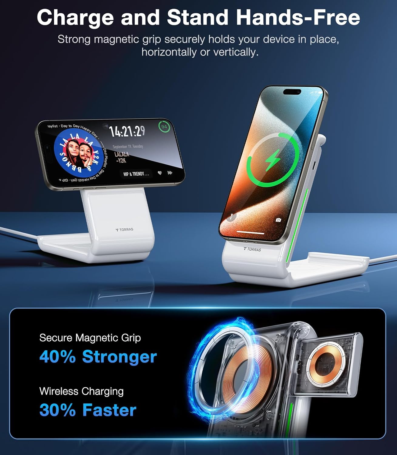 TORRAS 3 in 1 Charging Station with MagSafe Charger Stand, Cooling 15W Max Fast Charging, Foldable Wireless Charger for iP