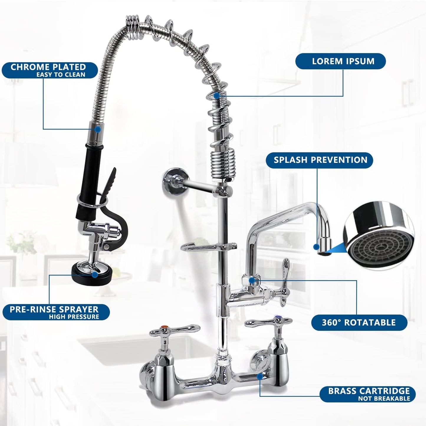MYWHITENG Commercial Faucet with Sprayer, 8 Adjustable Center Wall Mounted Restaurant Faucets,8' Spout andPull-Down Pre-Rinse Faucet 25 Height Suitable for 1, 2 or 3 Compartment Sinks (Solid Bras