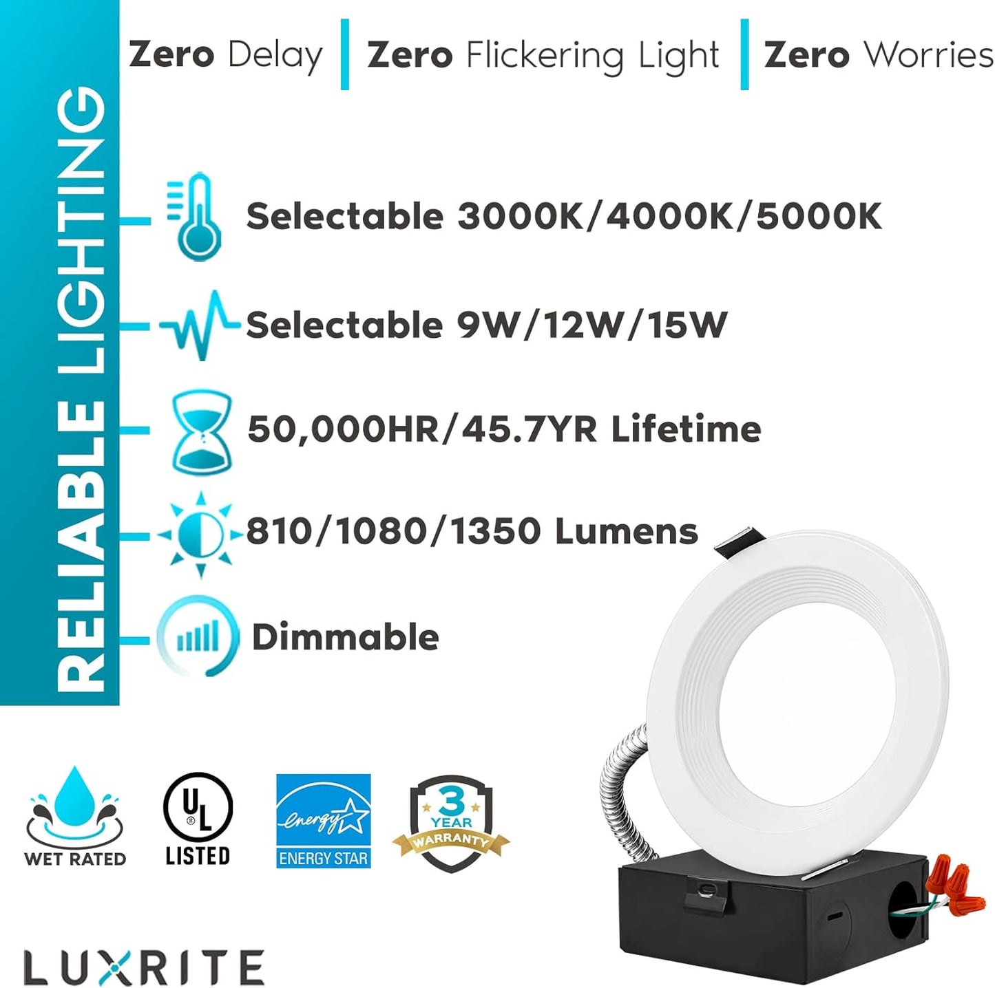 LUXRITE 4 Inch Commercial LED Recessed Light with J-Box, 9/12/15W, 3 Color Selectable 3000K-5000K, 810/1080/1350 Lumens, 0-10V Dimmable, 120-277V, Canless LED Downlight, IC Rated, Wet