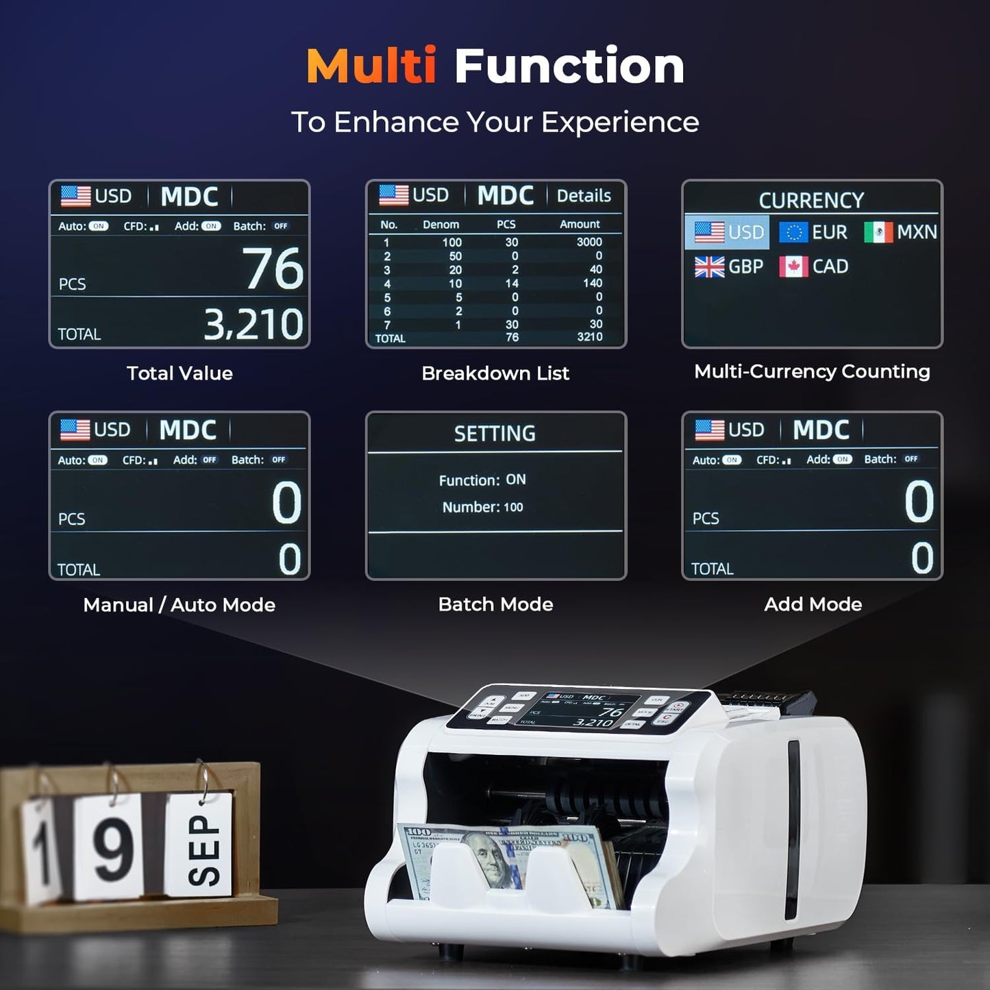 MUNBYN IMC09 Mixed Denomination Money Counter Machine, Value Counting, UV/MG/IR/MT Bill Counter, 3.5" TFT Display Money Counting Machine, USD, EUR, GB