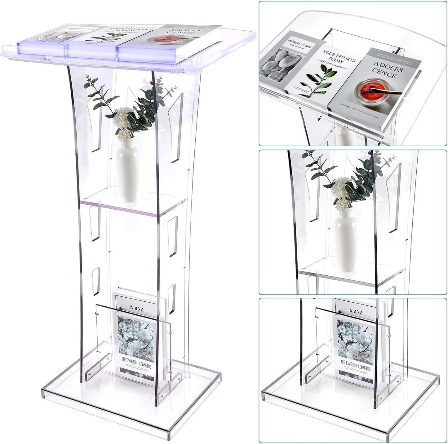 Acrylic Podium Stand with Led Light, Clear Podium with Storage Shelf, Portable Lecterns Pulpit for Church Wedding Classroom Conference Floor Standing Style, Slanted Top