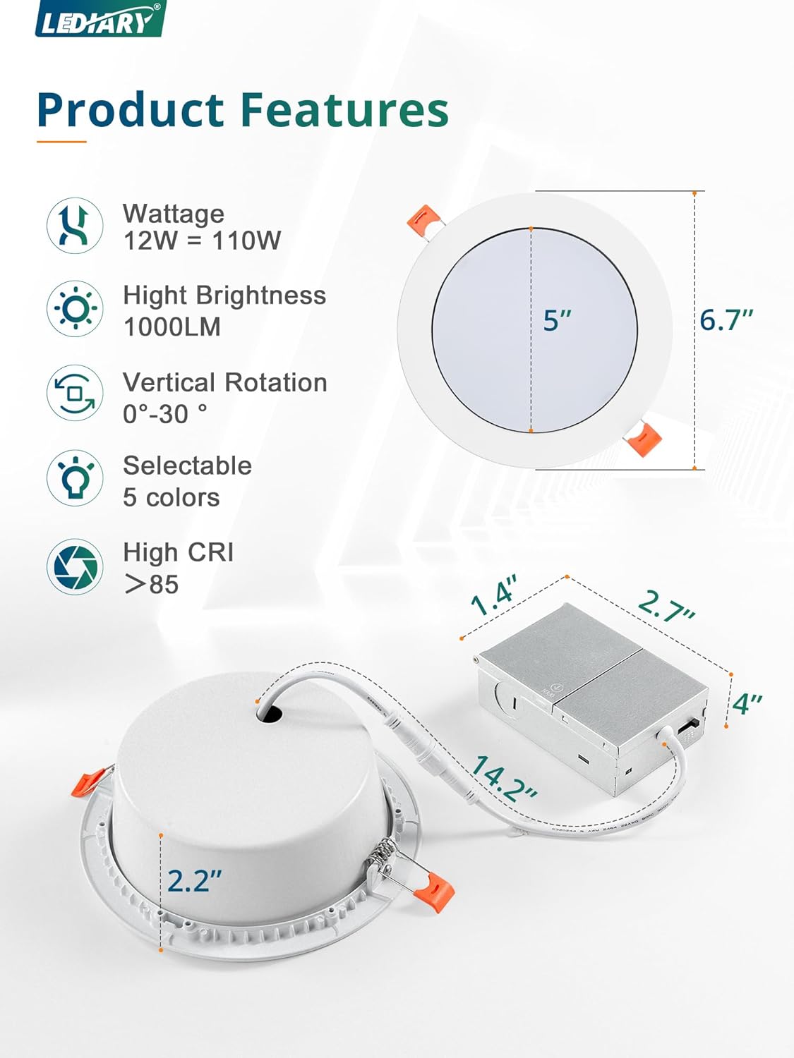 LEDIARY 12Pack 6 Inch Gimbal LED Recessed Lighting Air-Tight,5CCT Adjustable Angle Canless Light with JBox, 12W=110W, 1000LM, Dimmable Directional