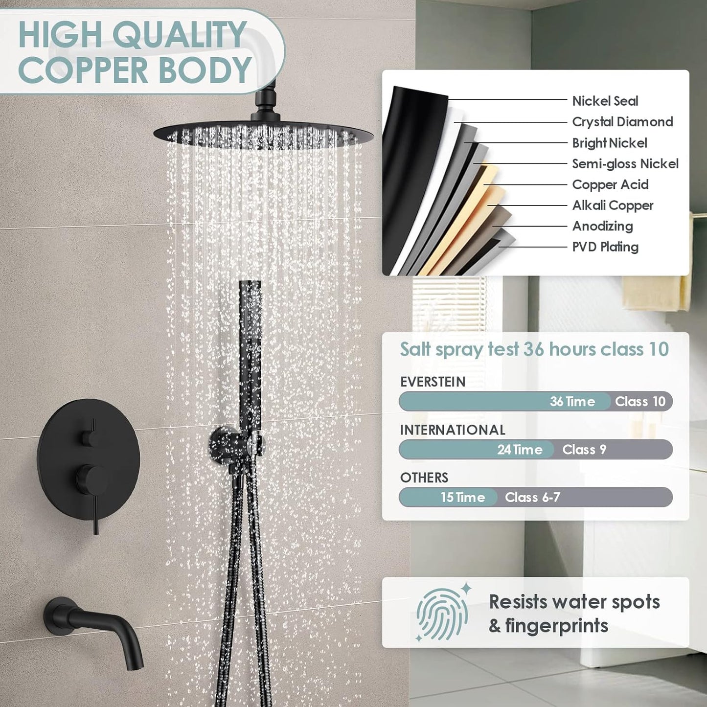 Shower System with Tub Spout: EVERSTEIN Shower Faucet Set Complete, 3-Function Wall Mount 10 Inch High Pressure Round Rain Shower Head with Handheld Sprayer, Tub and Shower Faucet Combo (