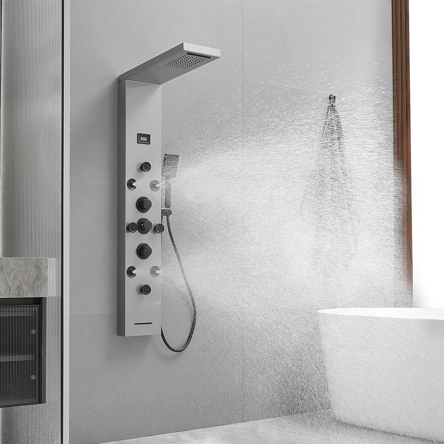 BWE Shower Panel Tower System with Body Jets Rainfall Waterfall Shower Head 6 IN 1 Stainless Steel Brushed Nickel Shower Panel with Tub Spout