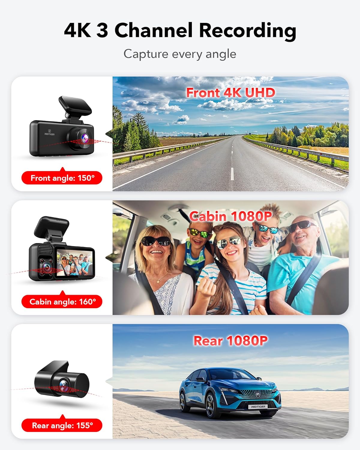 REDTIGER 3 Channel Dash Cam, 4K+1080P+1080P Front and Rear Inside Triple Car Camera,Built-in GPS and 5.0 GHz WiFi, 3 inch IPS Screen, WDR IR Night Vision, Free 64GB SD Card, G-Sensor, Parking