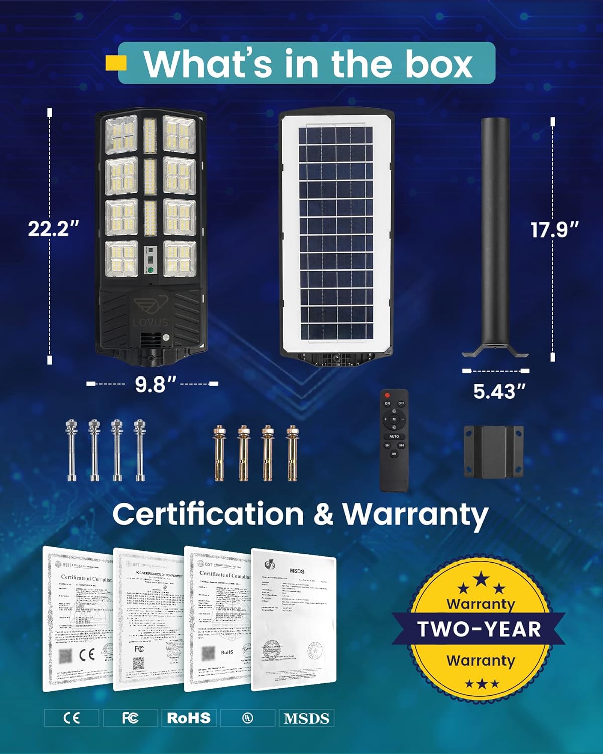 Lovus Solar LED Street Light Outdoor, 1200W Dusk to Dawn Solar Parking Lot Light with Motion Sensor and Remote Control, 6000K Solar Security Flood