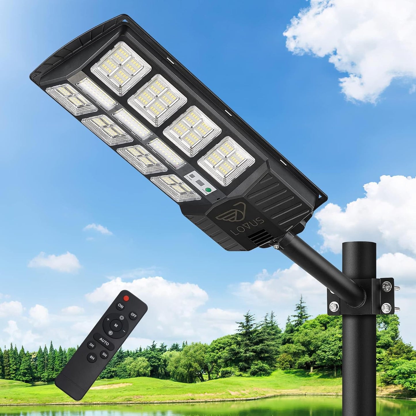 Lovus Solar LED Street Light Outdoor, 1200W Dusk to Dawn Solar Parking Lot Light with Motion Sensor and Remote Control, 6000K Solar Security Flood