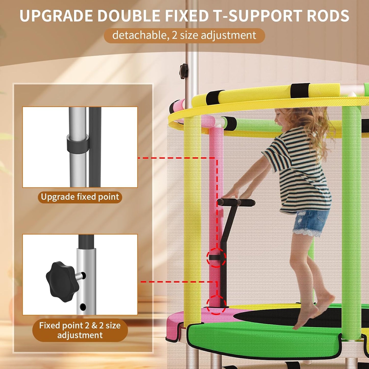 Trampoline for Kids, Update T-handrail Adjustable Baby Toddler Trampoline with Basketball Hoop, 440lbs Anti-Rollover Round Bottom Indoor Outdoor