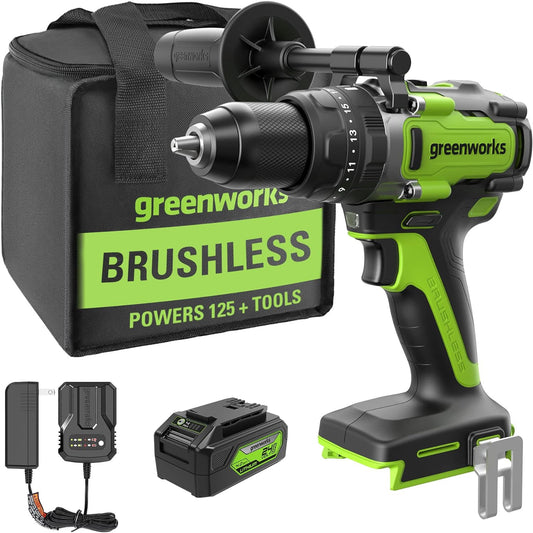 Greenworks 24V Brushless 1/2" Hammer Drill (Metal Chuck /1240 in.-lbs. /23 Clutch Position/28,000 BPM/LED Light), 4Ah Battery and Charger Included (Brushless 1240 i