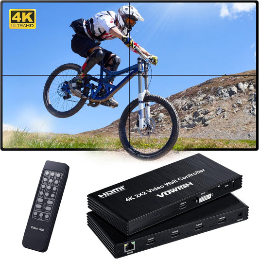 Vowish 4K 2x2 Video Wall Controller, HDMI & DVI Input Video Wall Processor with 8 Display Modes, Support 180 Rotation, RS232 Control for Sports Bar, Restaurant, School, Company, Home Theater, Mall