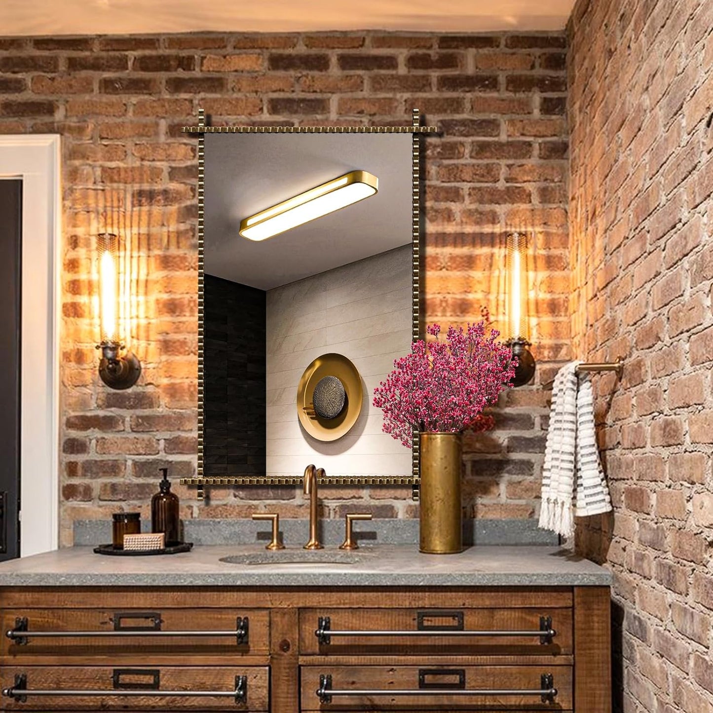 JNFUZ 24x36 Inch Bathroom Vanity Mirror, Lron Frame Wall Mirror for, Bedroom, Hallway, and Home Deco, Industrial, and Retro Room Makeover Mirror, 0.6" Beveled Edge, Antique Bronze