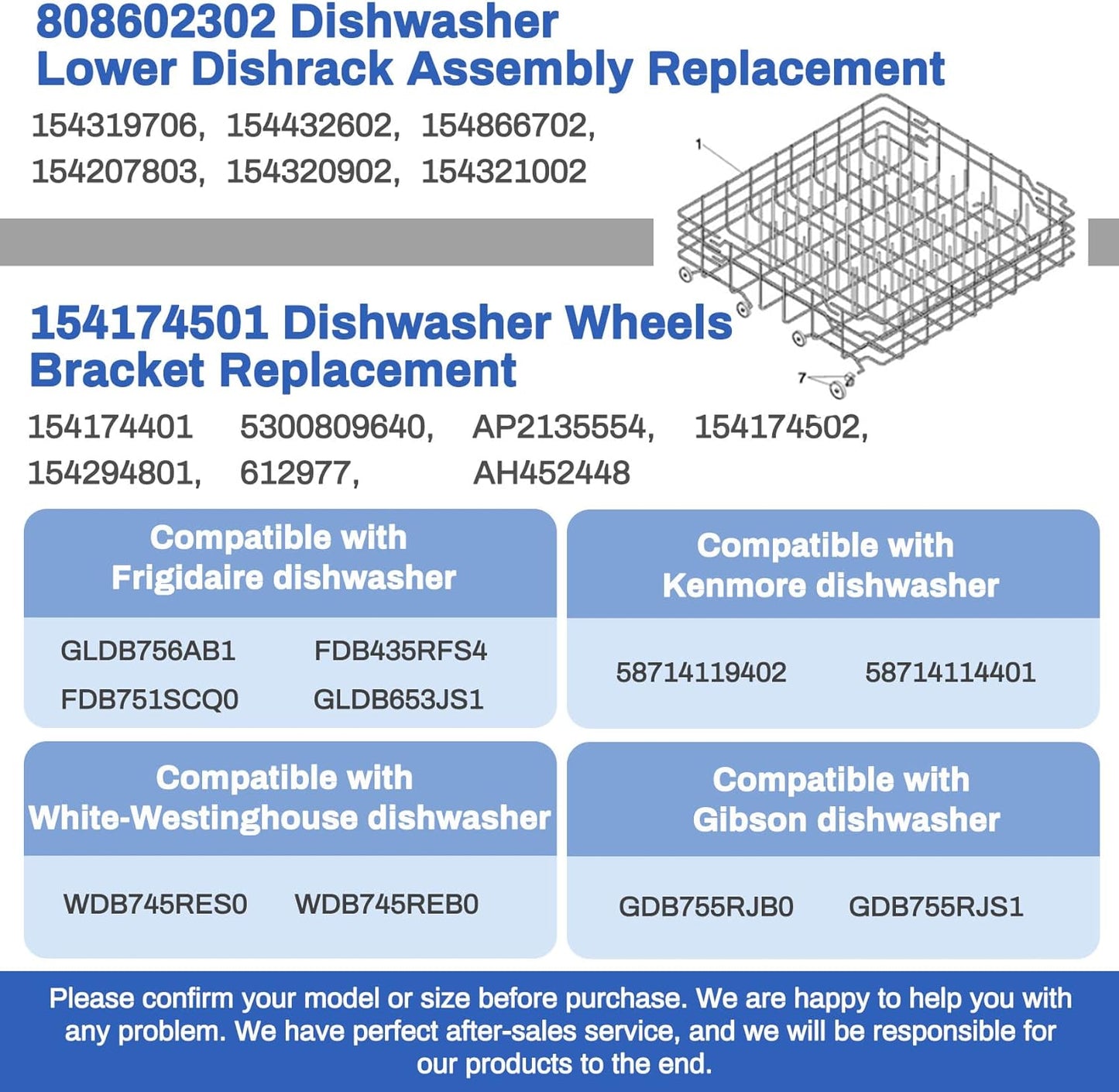 Upgraded 808602302 Dishwasher Lower Dishrack Assembly with 154174501 Dishwasher Wheels Bracket,Compatible with frigidaire&kenmore Dishwasher Rack Replacement 154432602,154319706-1