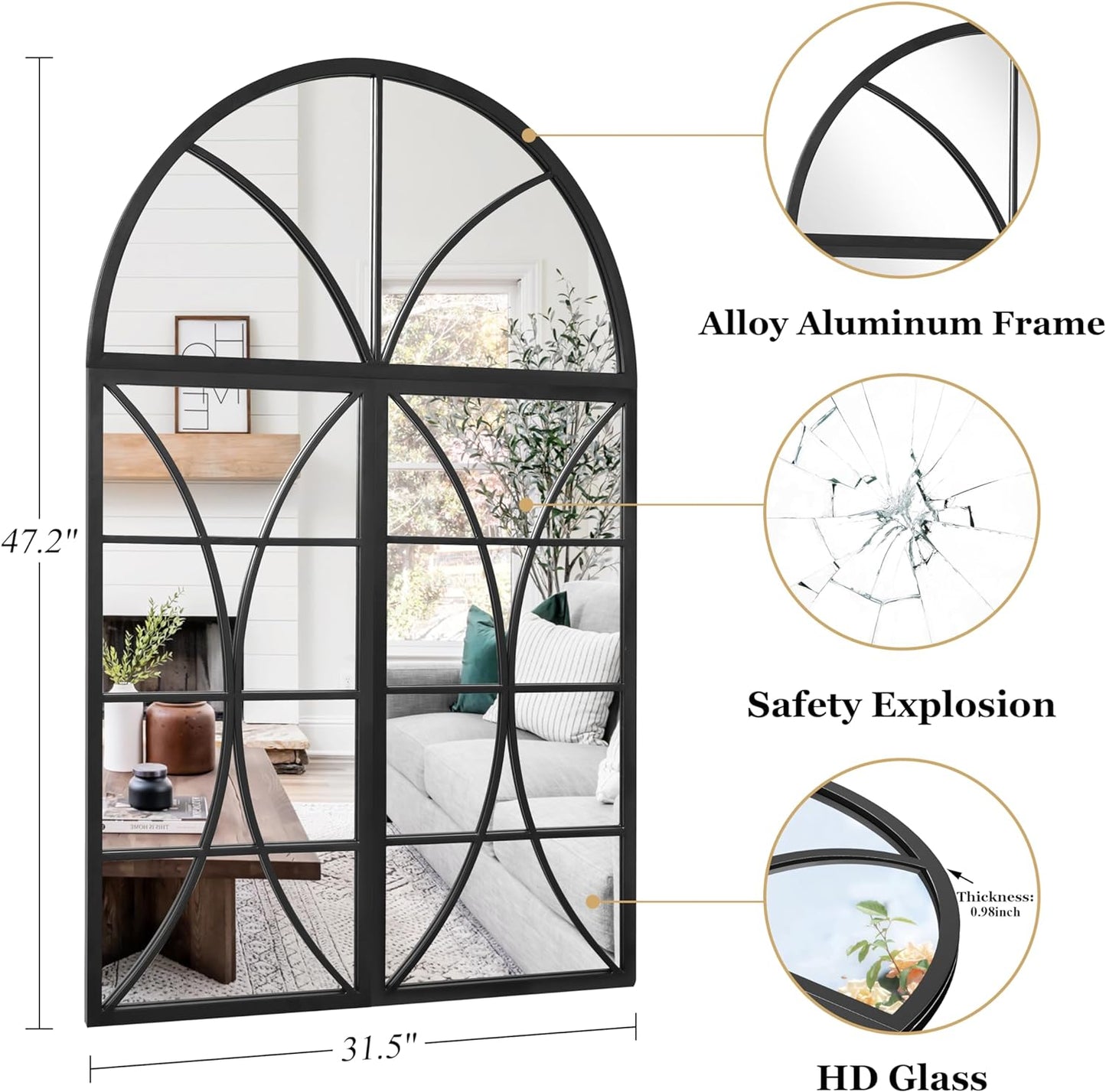 NXHOME Arched Window Black Mirror, 47.2431.5' Set of 3pcs,Spliced Detachable Composable Metal Wall Mirror Windowpane Decoration for Entryway Living