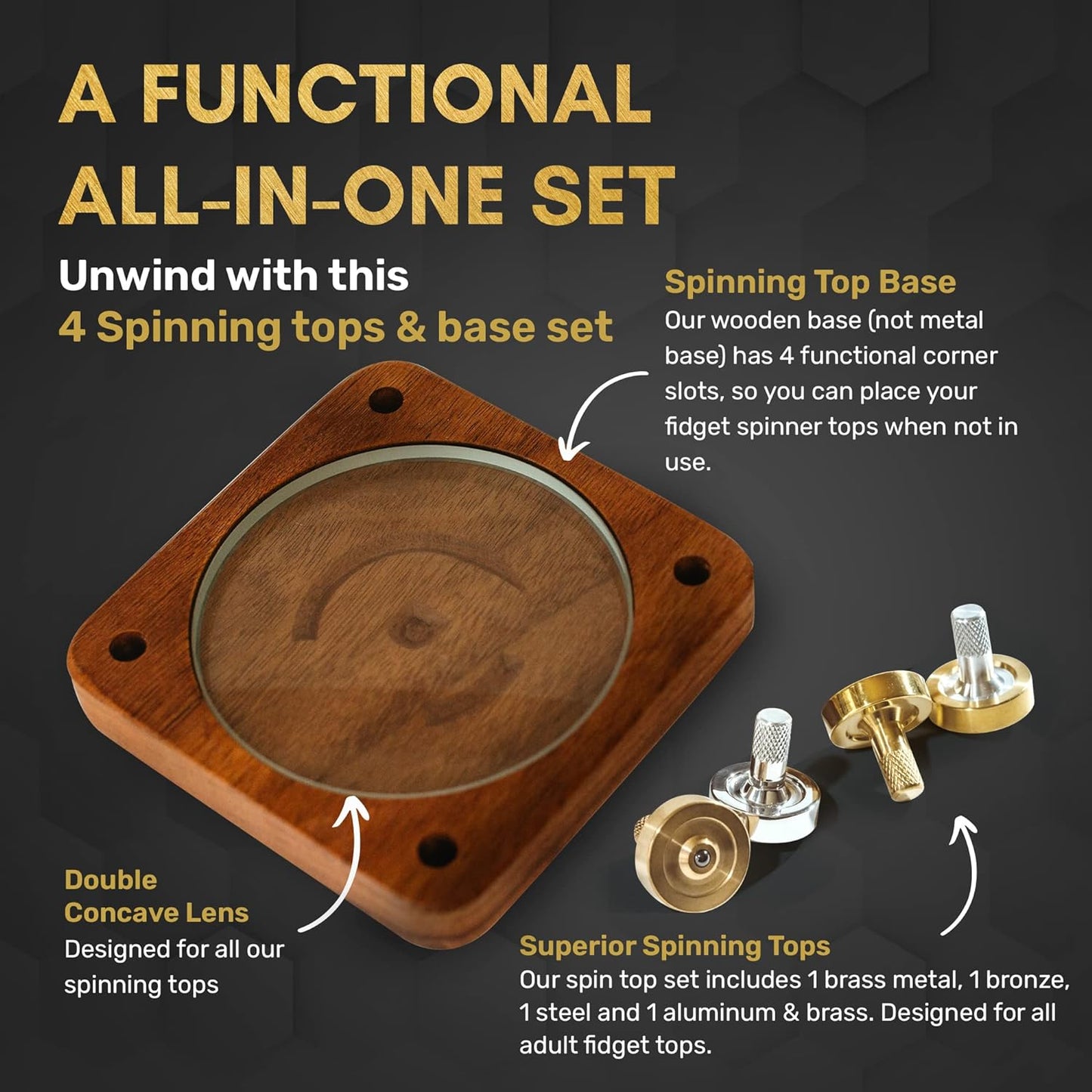 Schulte Metal Spinning Top & Spinning Top Base Set, Toys for Mental Focus, Metal Fidget Toy Set, 4 Spinning Tops with Glass Top Black Walnut Base - Bruce Charles Designs