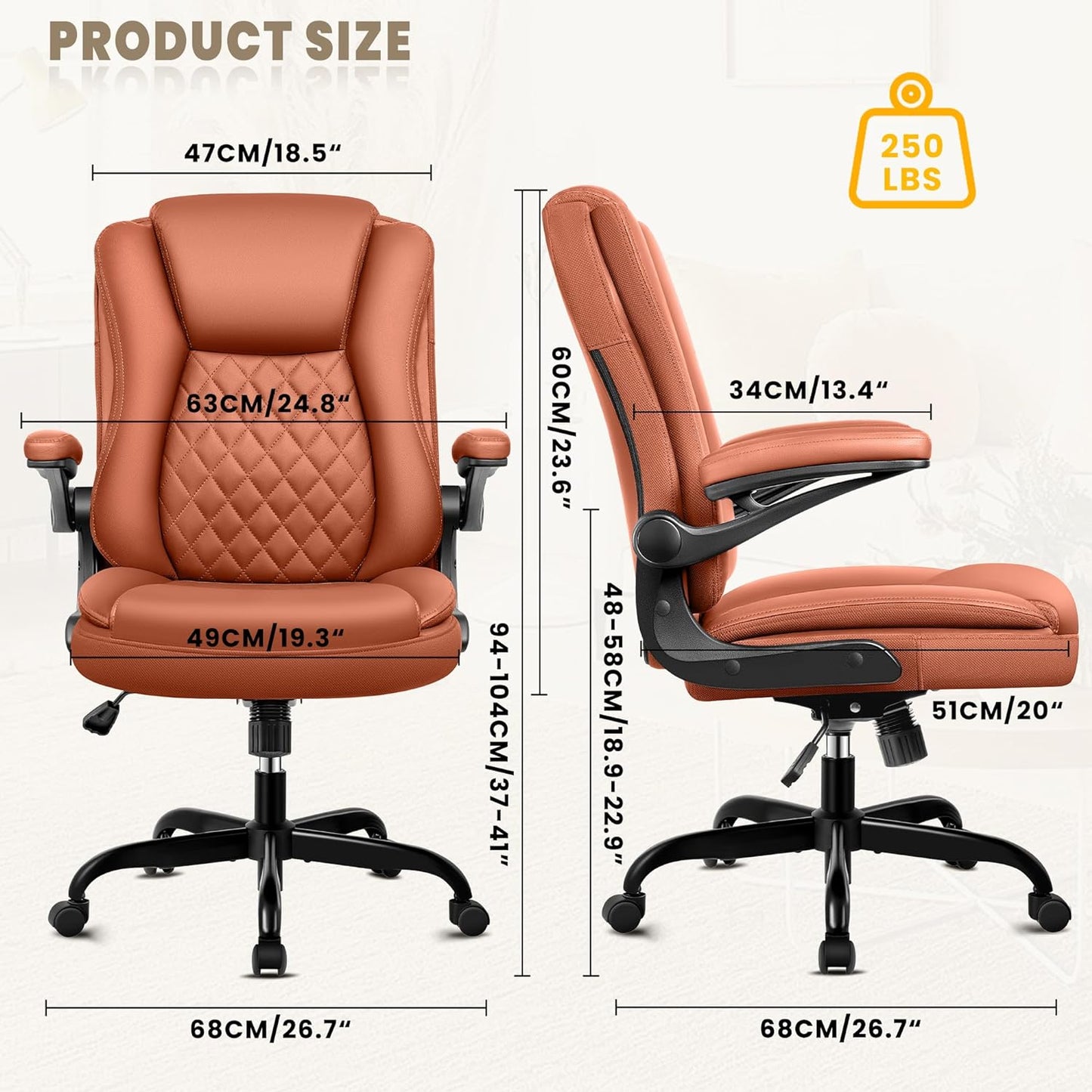 Office Chair, Executive Office Chair Ergonomic Leather Home Desk Chair Swivel Computer Task Chair with Lumbar Support and Flip-up Armrests Brown