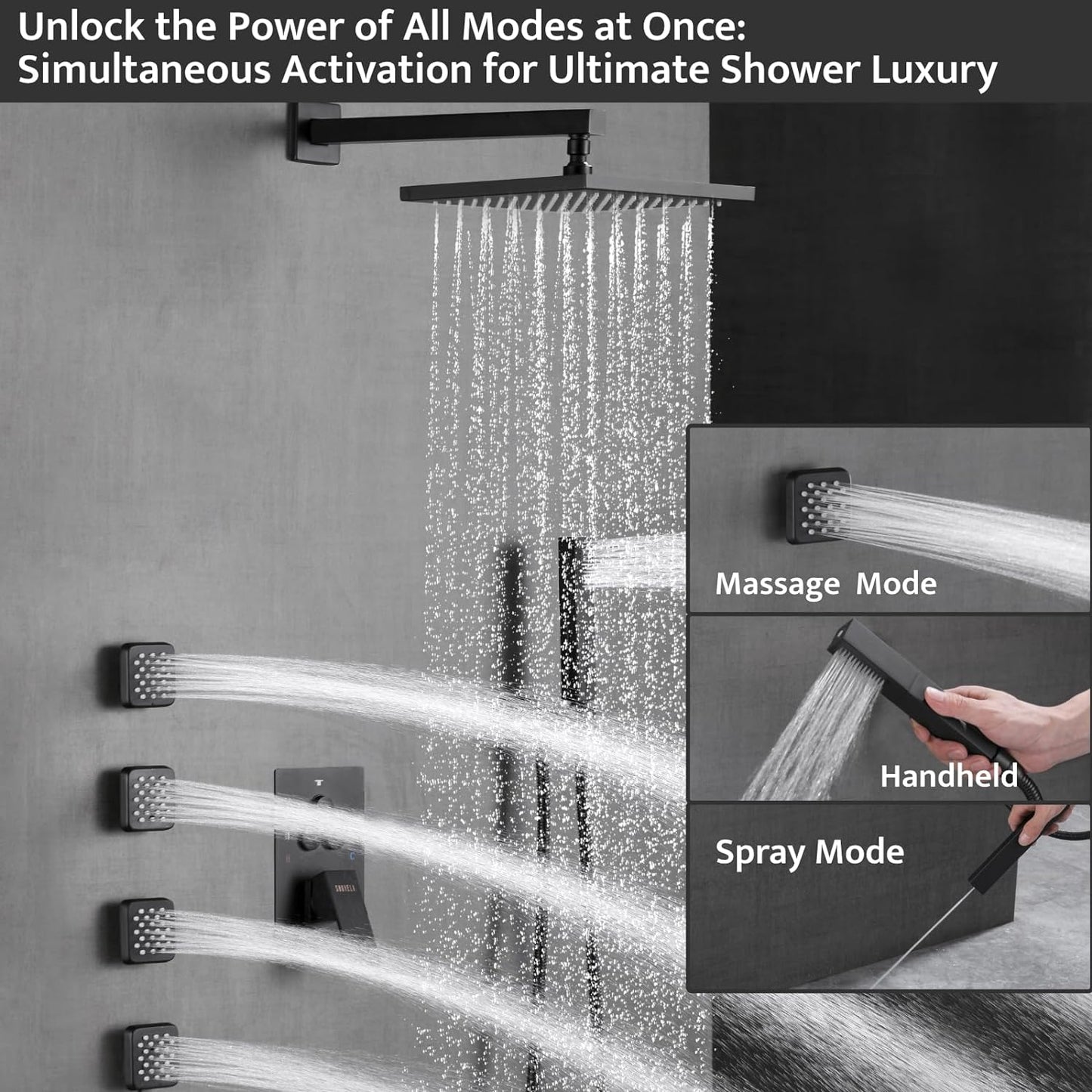 SHOYELA Shower System Matte Black Wall Mount Shower Faucet Set with 4PCS Body Jets, Push Button Diverter Shower Fixtures with 2 in 1 Handheld,10 Inch Shower HeadAll Functions Simultaneous Use