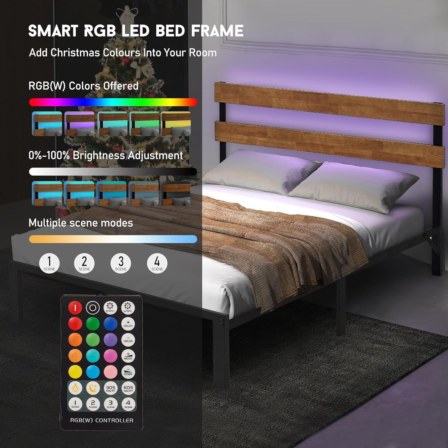 Anyhave Queen Bed Frame with RGBW Christmas LED Lights with Remote, Industrial Metal Platform Bed with Wood Headboard, Steel Slat Support/Large Under