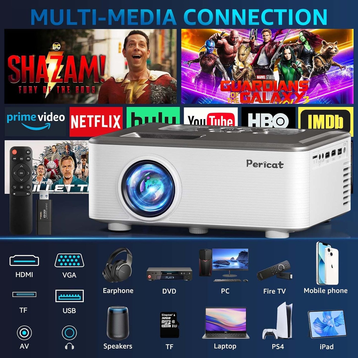 Projector with WiFi and Bluetooth, 5G WiFi 11000L 1080P Supported Outdoor, Pericat Video Projector with 100'' Screen Compatible with HDMI/USB/PC/TV Box/iOS and Android Phone