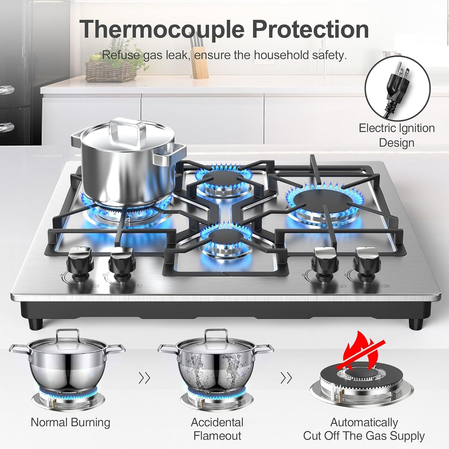 GIHETKUT Gas Cooktop 4 Burners, 23Inch Stainless Steel Gas Stove Top, Built-in Gas Propane Cooktops with Thermocouple Protection, NG/LPG Convertible, Electronic
