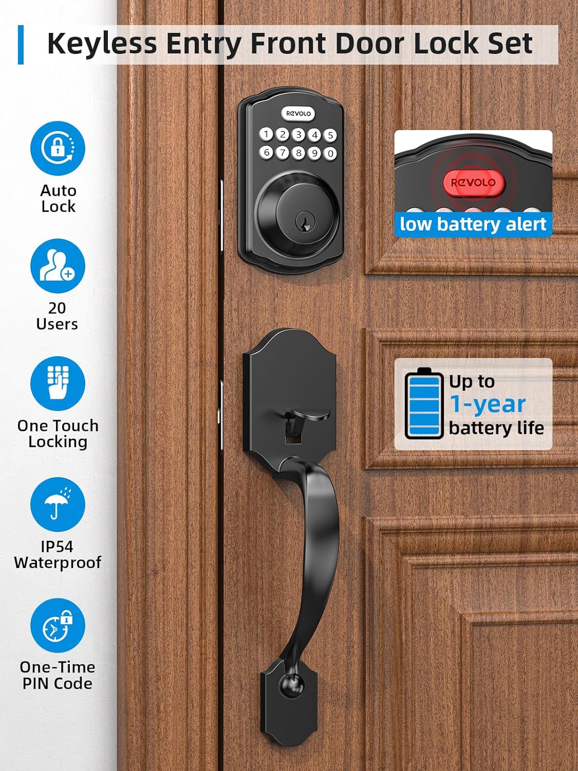 Revolo RE001 Electronic Keypad Deadbolt, Keyless Entry Door Lock, Keyed Entry, Auto Lock, Smart Lock with Handle, Front Door Handle Sets, Anti-Peeking Password, Matte Black