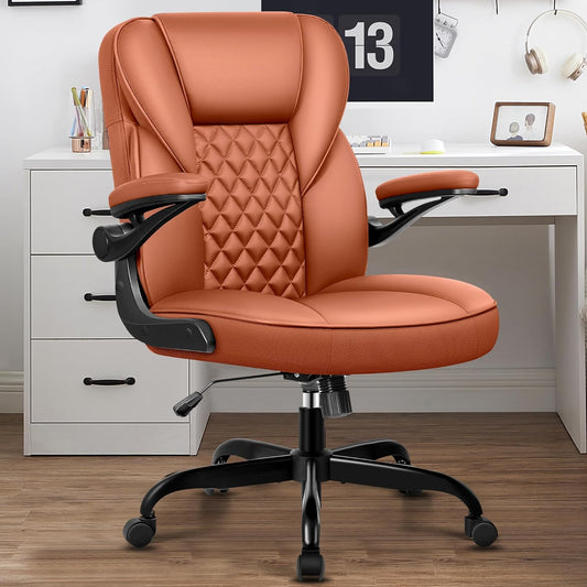 Office Chair Computer Desk Chair PU Leather Swivel Executive Task Chair with Adjustable Height Lumbar Support Padded Flip Up Armrests Home Office Brown