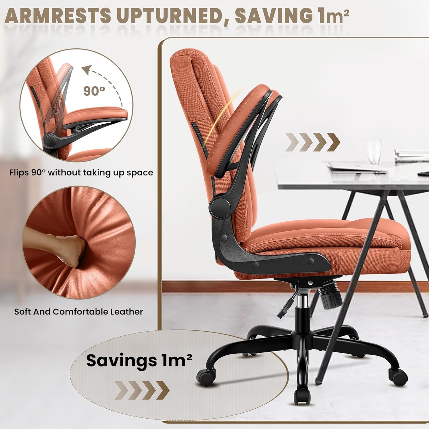 Office Chair, Executive Office Chair Ergonomic Leather Home Desk Chair Swivel Computer Task Chair with Lumbar Support and Flip-up Armrests Brown