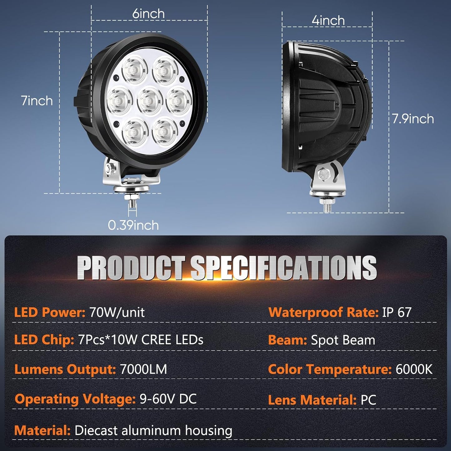 Audak 2Pcs 70W Spot Beam 6 Inch Round LED Work Light Driving Lights Spotlights for Off Road 4x4 Pickup Truck