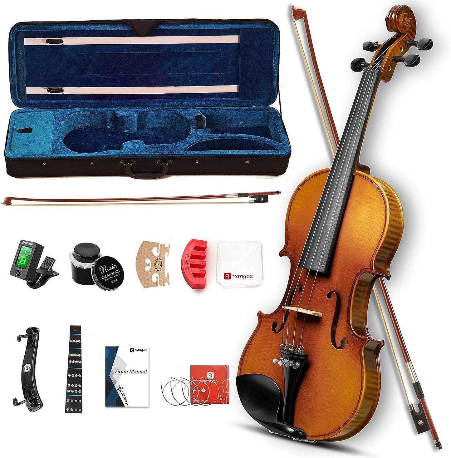 Violin Acoustic Violin Fiddle Kit Professional Solid Wood Violin Unique Maple Wood Pattern Premium Ebony Fitting Violin Starter Kit for Beginner Adults, By Vangoa