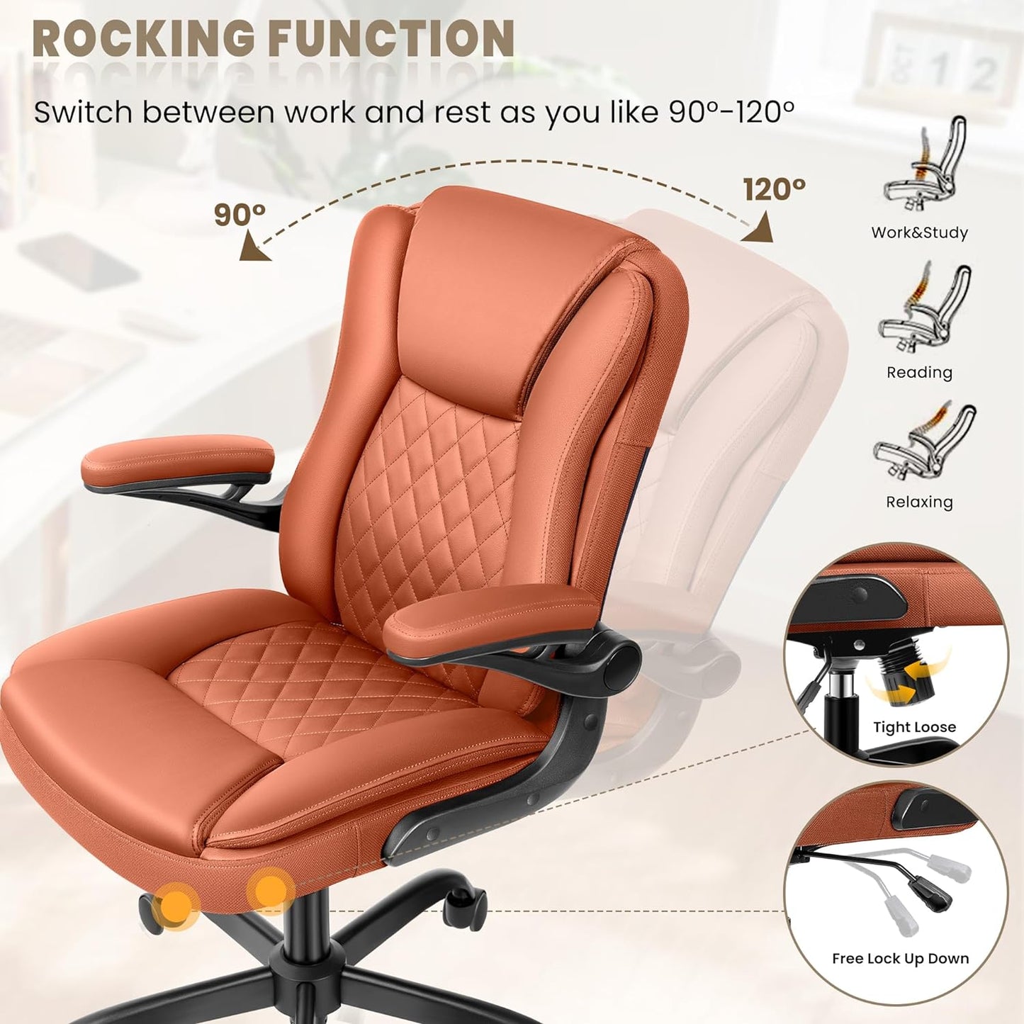 Office Chair, Executive Office Chair Ergonomic Leather Home Desk Chair Swivel Computer Task Chair with Lumbar Support and Flip-up Armrests Brown