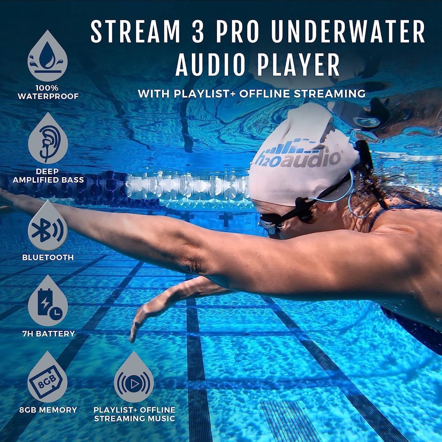 H2O Audio Stream 3 PRO and Surge S+ Earbuds - Underwater Streaming Music Waterproof MP3 Player for Swimming with Bluetooth and Short Cord Underwater Swimming Headphones with Superior Soun