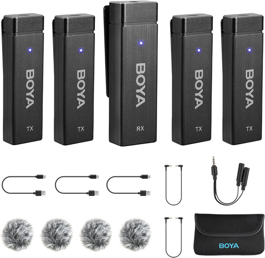 BOYA by-W4 Wireless Lavalier Microphones for Cameras Camcorder DSLR Phone Computer, 4 Transmitters, 7H Battery Life, 98ft Transmission, Wireless Lapel Mic for Vi