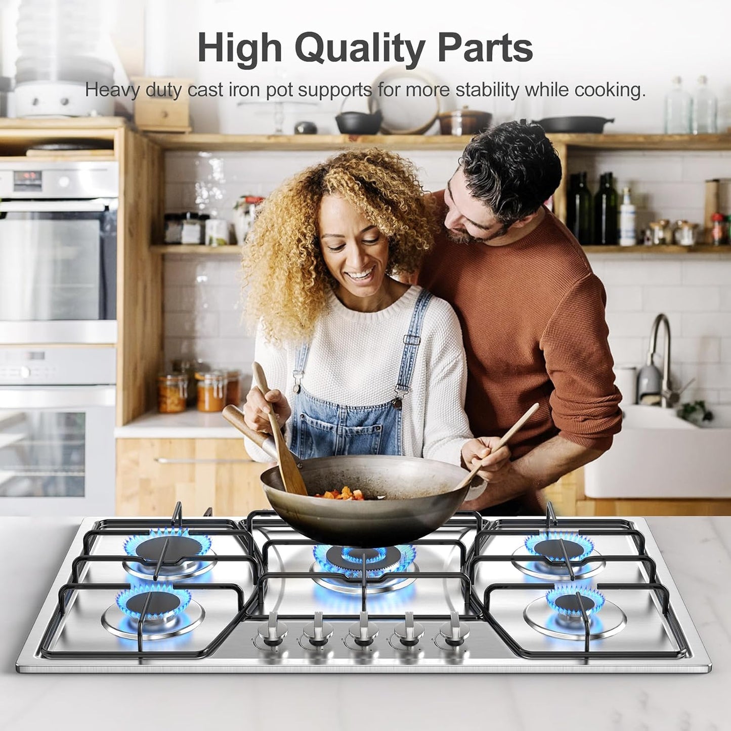 GIHETKUT Gas Cooktop 5 Burners, 35Inch Gas Stove Top Stainless Steel, Built-in Gas Propane Cooktops with Thermocouple Protection, NG/LPG Convertible, Electronic Ignition Gas Hob for Kitc