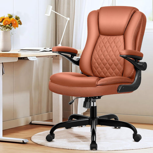 Office Chair, Executive Office Chair Ergonomic Leather Home Desk Chair Swivel Computer Task Chair with Lumbar Support and Flip-up Armrests Brown
