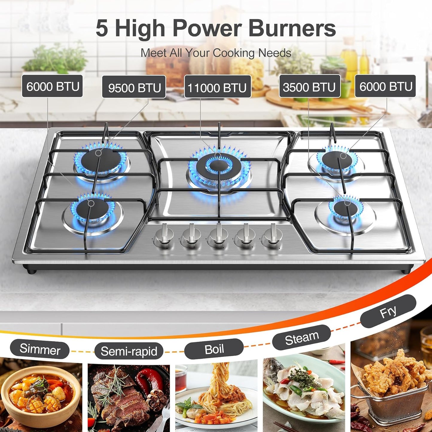 GIHETKUT Gas Cooktop 5 Burners, 35Inch Gas Stove Top Stainless Steel, Built-in Gas Propane Cooktops with Thermocouple Protection, NG/LPG Convertible, Electronic Ignition Gas Hob for Kitc