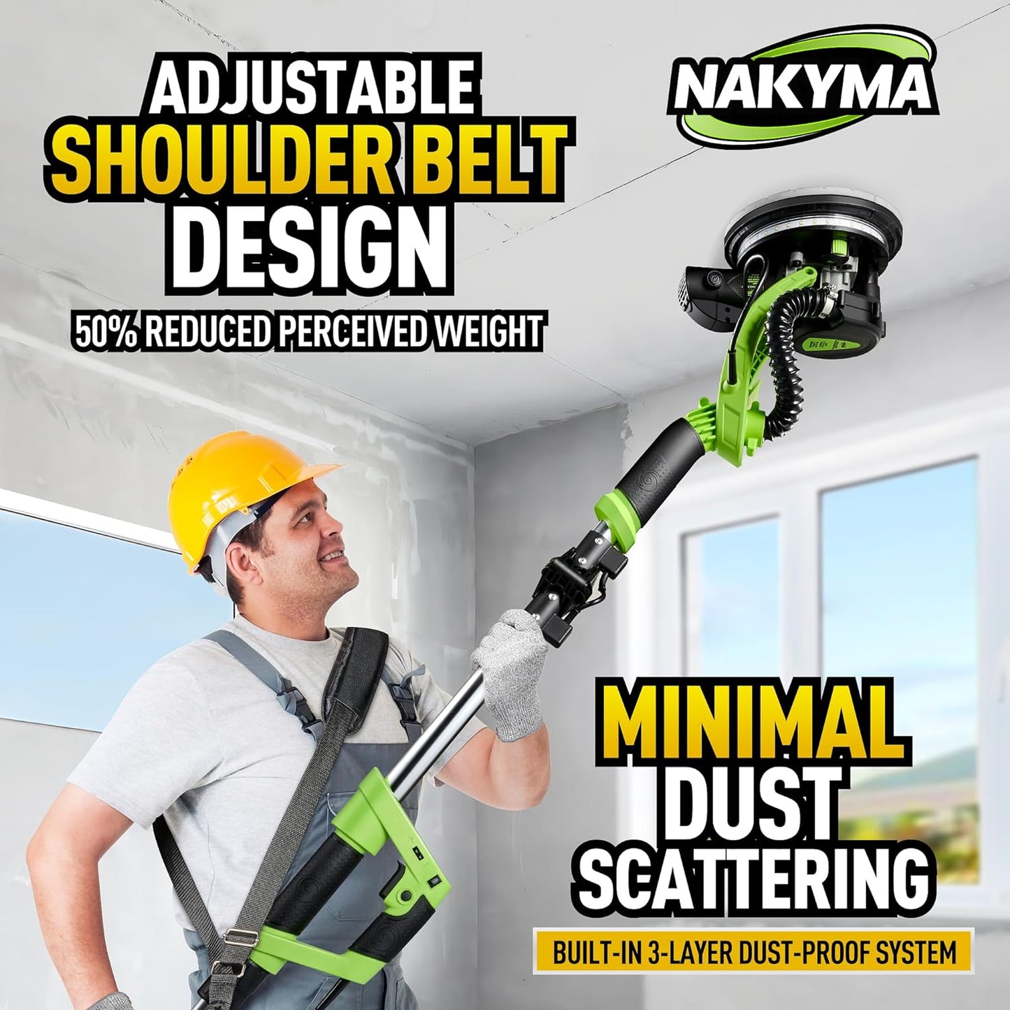 Nakyma Drywall Sander,Electric Drywall Sander With Vacuum Auto Dust Collection,6 Variable Speed 500-1800RPM, Shoulder Belt Design for Weight Reduction, Extendable & Foldable Handle, 12 Sandin