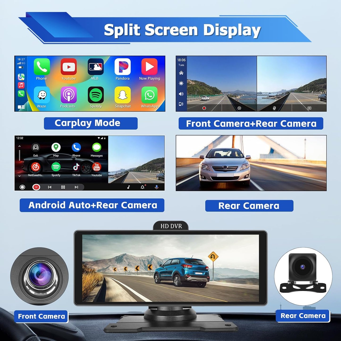 10.26 Inch Wireless Portable Car Stereo with 4K Dash Cam, HD Touchscreen Apple CarPlay Screen Wireless Android Auto, ADAS, GPS Track, Bluetooth Car Audio Receive