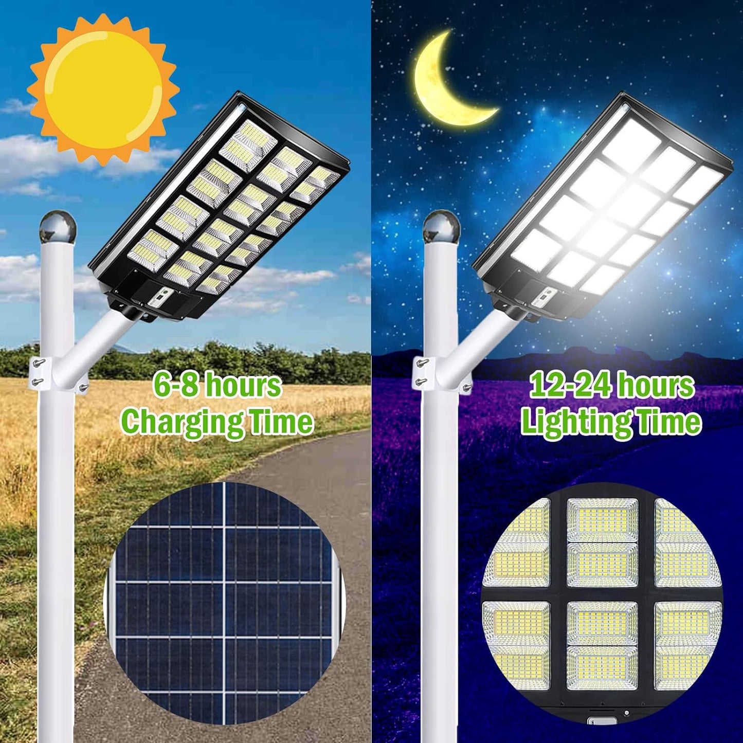 1000W Solar Street Lights Outdoor, Motion Sensor Led Solar Outdoor Lights with Remote Control & Arm Pole, 7000K 100000LM IP66 Waterproof Dusk to Dawn Solar LED Lights Lamp for Garden Yard (1