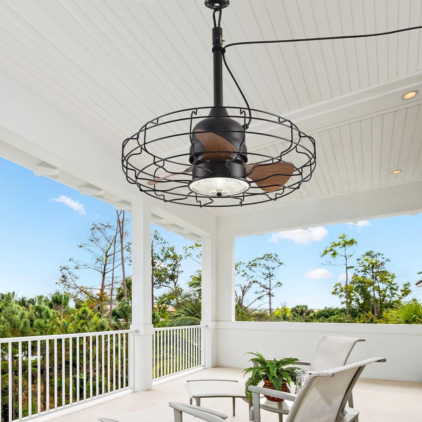KINDLOV Outdoor Ceiling Fan with Light, 21'' Moisture Resistant Gazebo Fan, Plug-in Cage Ceiling Fan Light,Suitable for Decks, Canopies, Adjustable 3 Colours LED Lights, Black