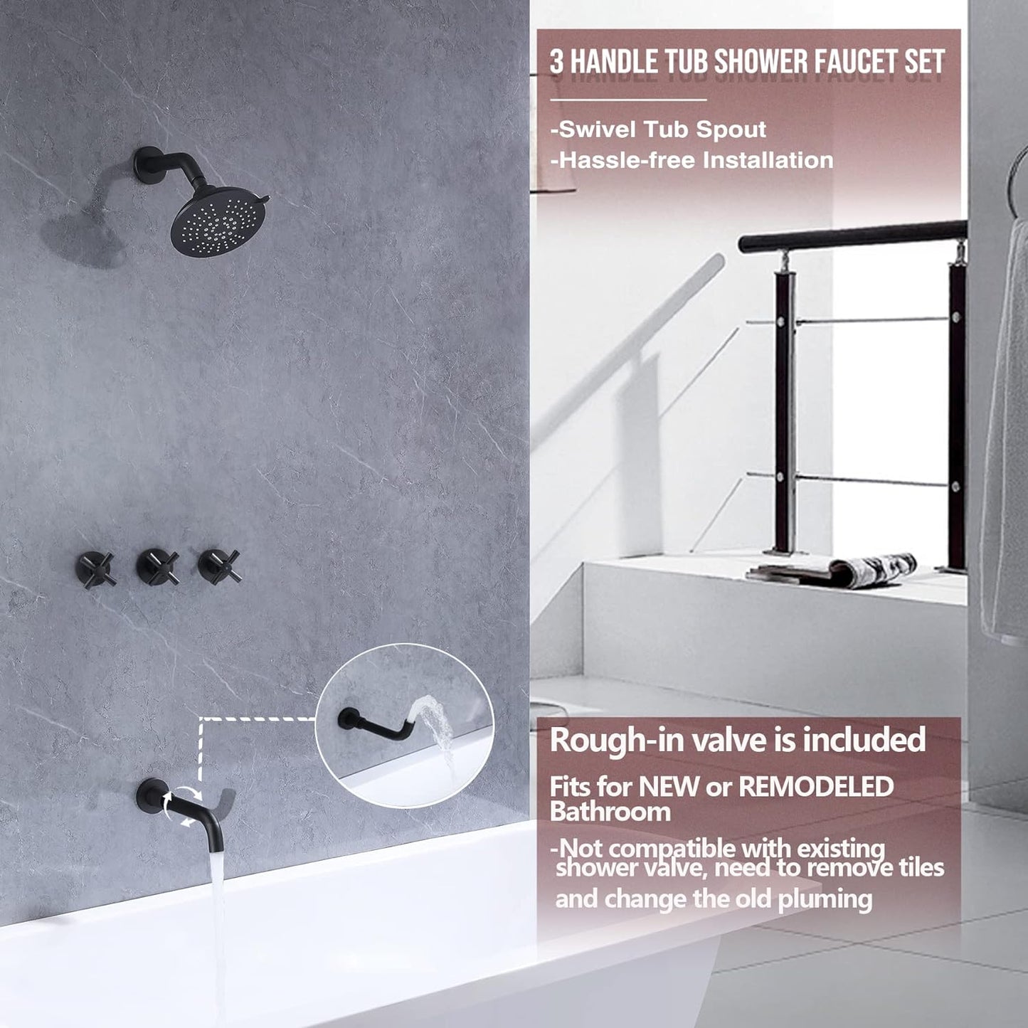 NIITAWH Matte Black 3 Handle Shower Faucet Set with Rotatable Tub Spout, Tub and Shower Trim Kit with Valve