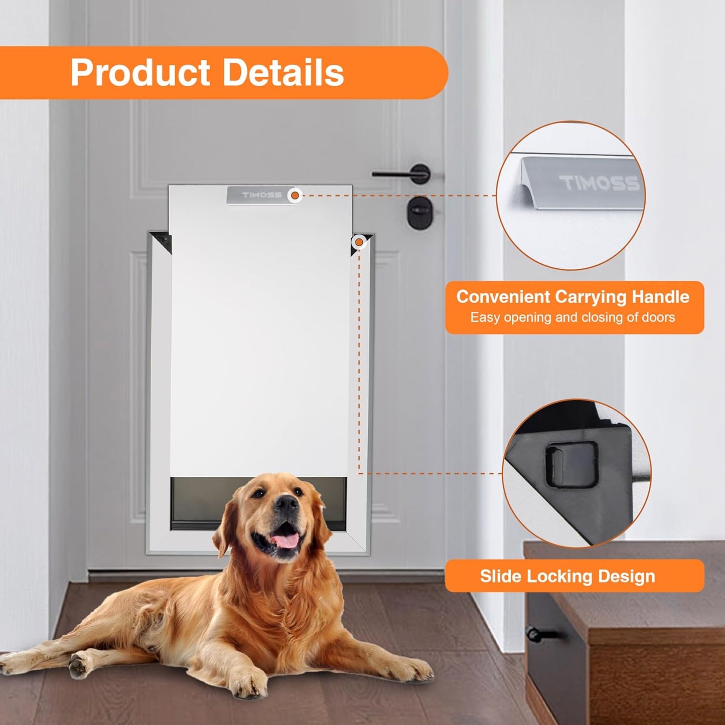 TIMOSS Aluminum Dog Door for Wall,Security Dog Door with Telescoping Tunnel and Sliding Locking Panel,Double Magnetic Flap, Portable Handle (X-Large (X-Large)