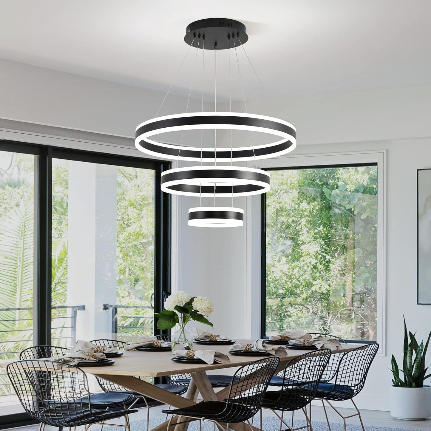 Upfelw Modern Dimmable Led Chandelier with 3 Ring, D23.7'' Adjustable Contemporary Hanging Ceiling Light Fixture for Living Room Bedroom Dining Room with Remote Co