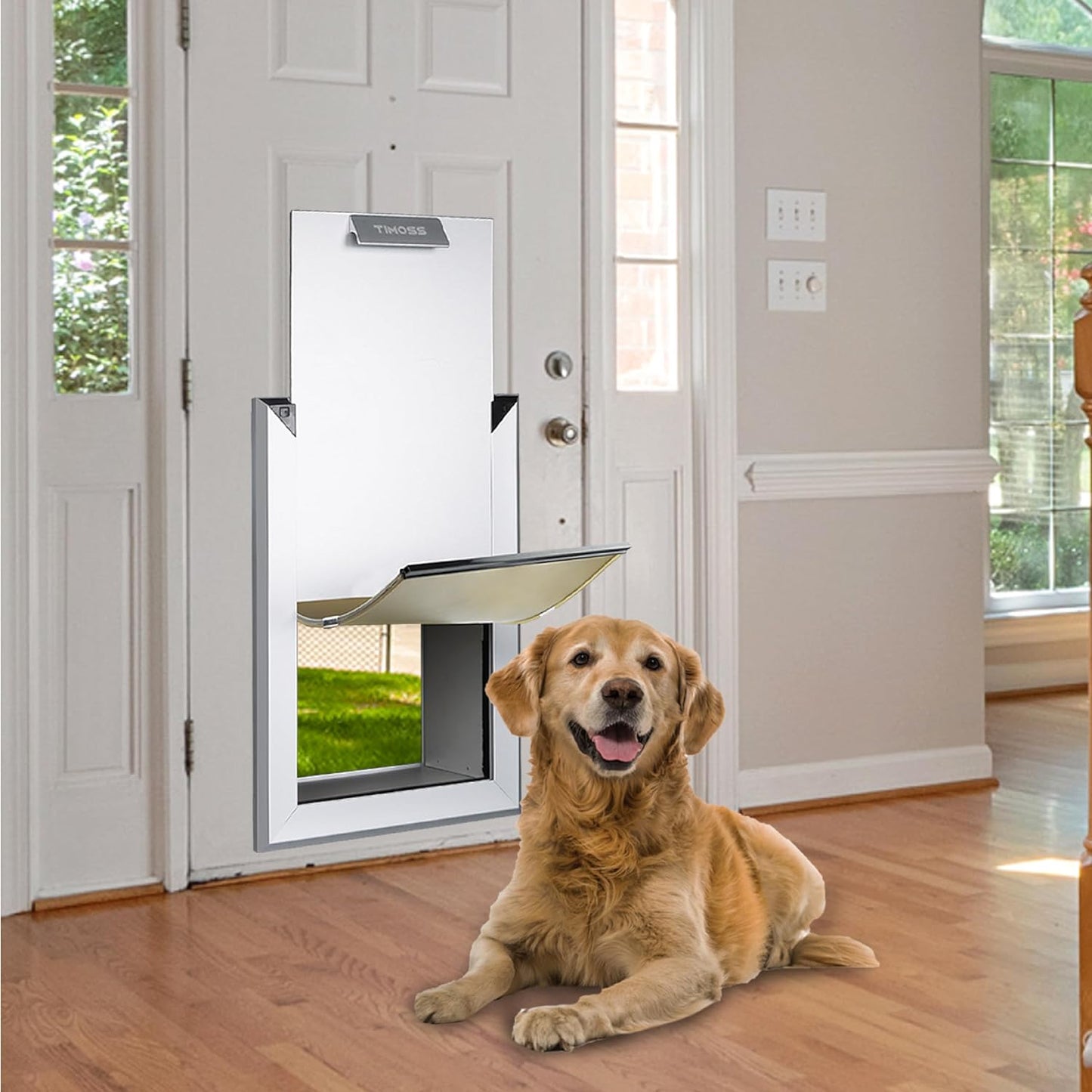 TIMOSS Aluminum Dog Door for Wall,Security Dog Door with Telescoping Tunnel and Sliding Locking Panel,Double Magnetic Flap, Portable Handle (X-Large (X-Large)