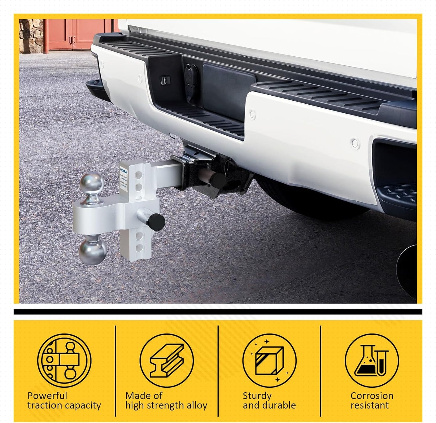 PENSUN Adjustable Trailer Hitch - 6" Drop/Rise Aluminum Drop Hitch with 2'' & 2-5/16'' Solid Dual Balls Mount Fit for 2" Receiver 12500 lbs Heavy Duty Tow Hitch with Double Anti-Theft Pins Locks