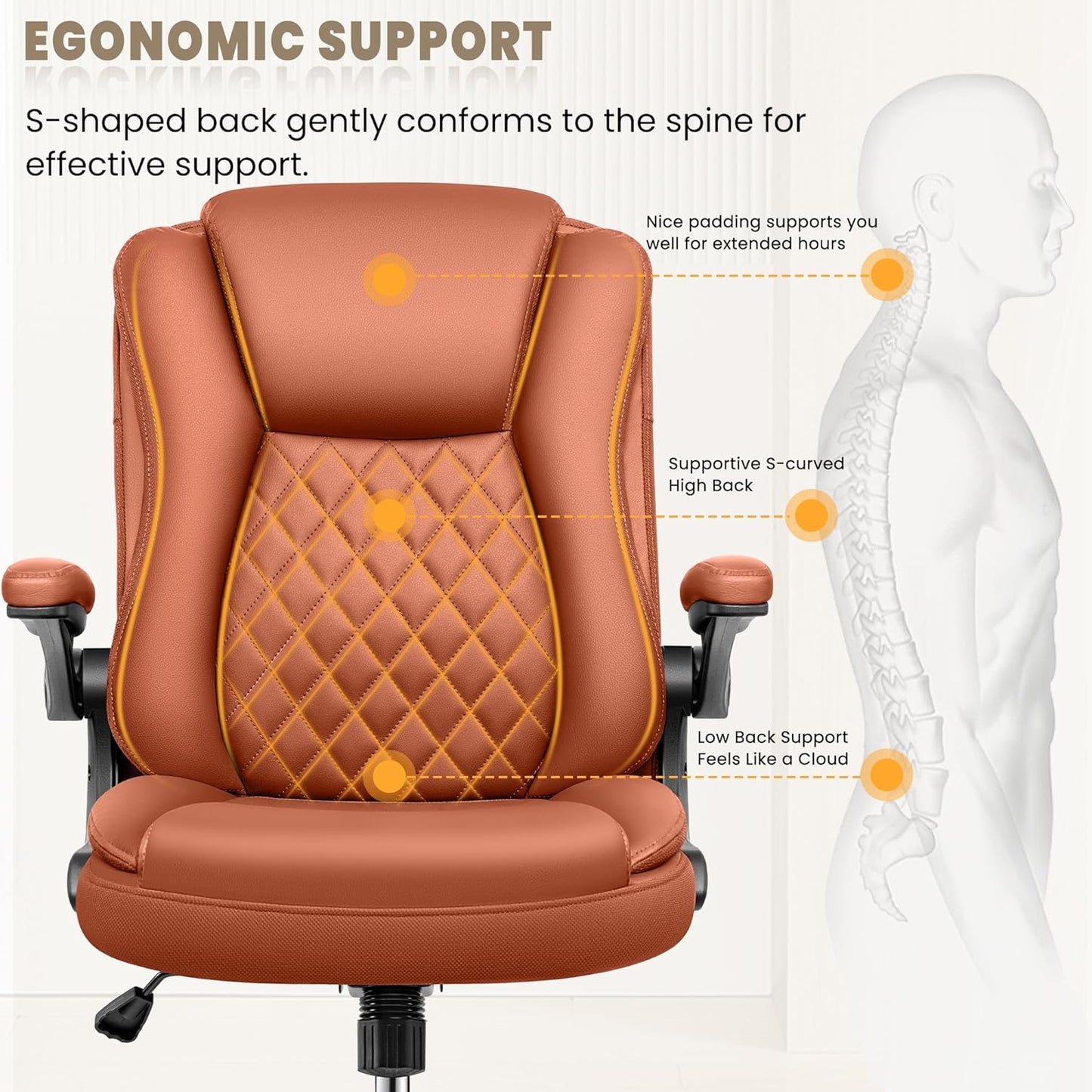 Office Chair, Executive Office Chair Ergonomic Leather Home Desk Chair Swivel Computer Task Chair with Lumbar Support and Flip-up Armrests Brown