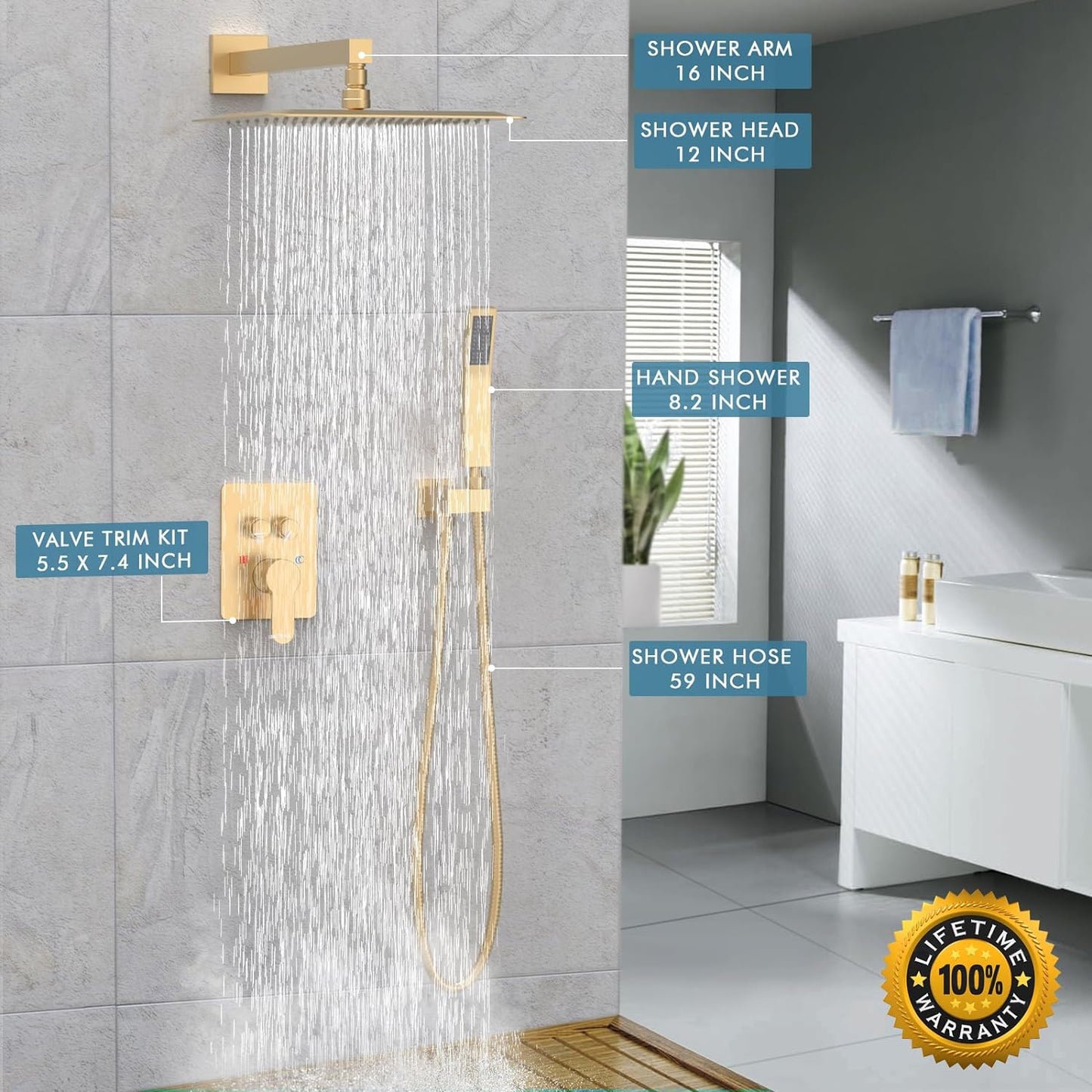 Gold Shower System Bostingner Shower Faucets Sets Complete with 12-Inch Rain Shower Head and Handheld Wall Mounted Push Button Shower Head Set Rough-in Brass Valve and Trim Kit Included (Br