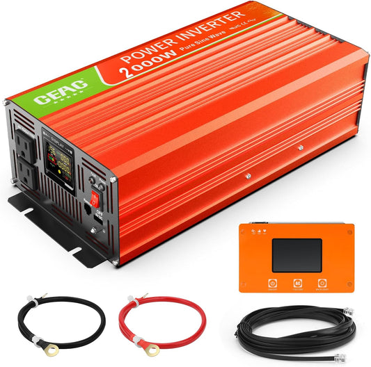 2000W Pure Sine Wave Inverter 12V DC to 110V AC Converter with Lightning, USB Data Cable for Home,RV,Truck,Camping with Built-in 5V/2.4A USB, AC Hardwire Port