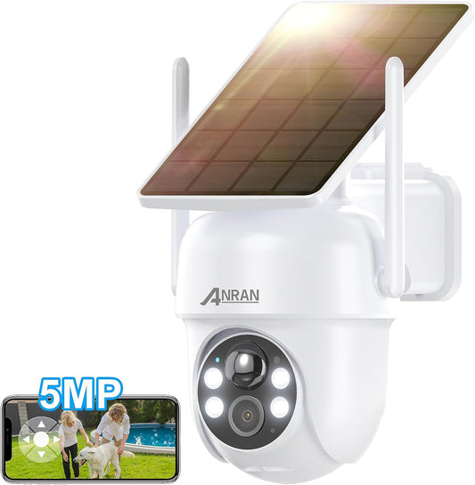 ANRAN Solar Security Cameras Wireless Outdoor, 5MP 360 View Battery Powered WiFi Camera for Home Surveillance with Embedded Solar Panel, Spotlight & Siren/PIR Detection/Color Night Vision/2-