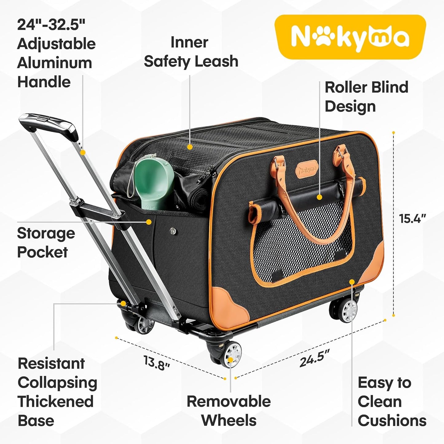 Nakyma cat Carrier with Wheels,Large pet Carrier with Wheels for Up to 38 LBS,Rolling pet Carrier with Durable Handle and Removable Wheels,Rolling cat Carrier for Small & Medium Pets (black-orange)