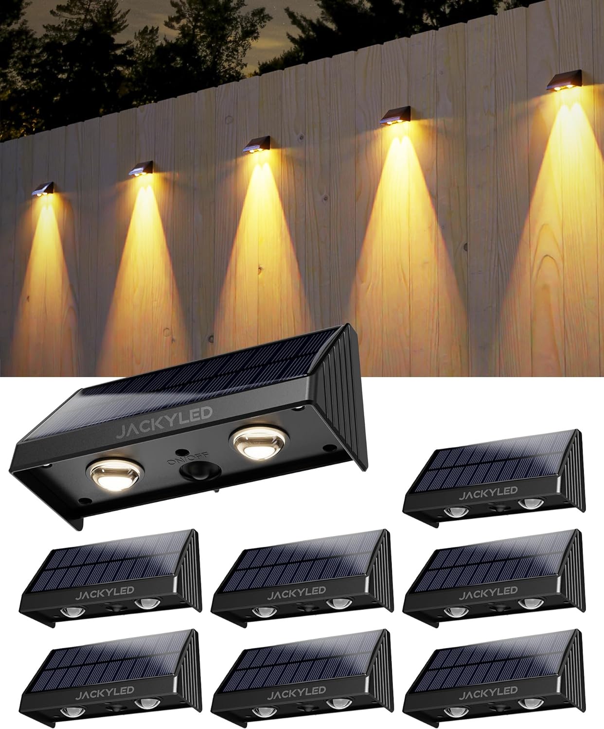 JACKYLED Solar Fence Lights Outdoor, 50 Lumens Bright Fence Lights Outdoor Waterproof Solar Powered Patio Decor Warm White Lights for Wall, Rail, Porch, Backyard, Garden (8/Pack) (8-Pack)