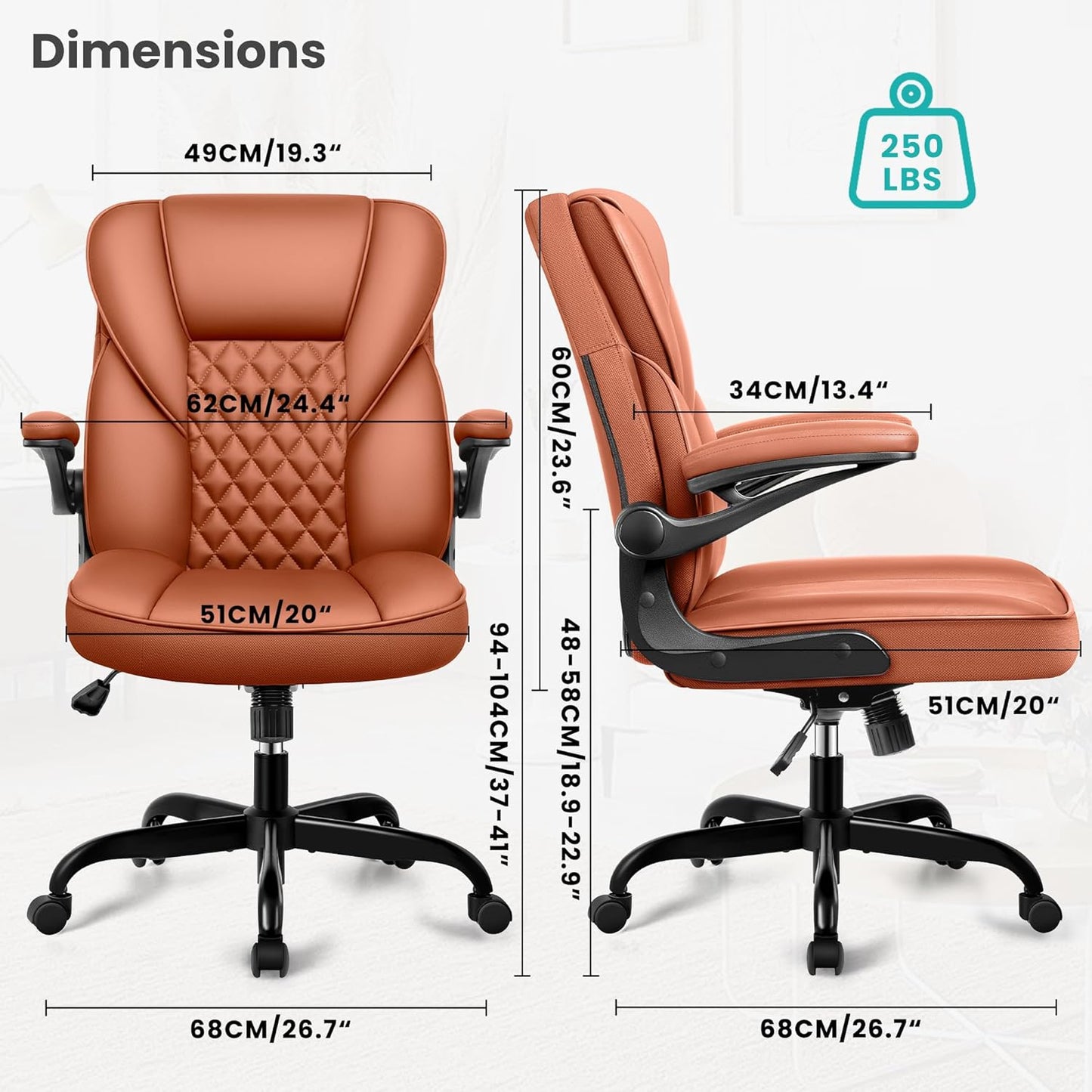 Office Chair Computer Desk Chair PU Leather Swivel Executive Task Chair with Adjustable Height Lumbar Support Padded Flip Up Armrests Home Office Brown